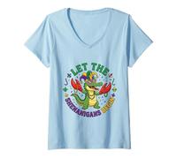 Mujer Que comiencen Las travesuras cocodrilo de Mardi Gras Camiseta Cuello V