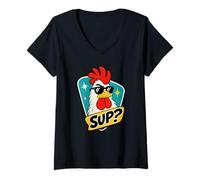 Mujer ¿Qué Tal Las Gafas de Sol Cool Chicken? Divertido Granjero, gallina, Amante del país Camiseta Cuello V