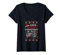Mujer Que tengas Ameri-Christmas en julio, divertida y fea Navidad, USA Patriotic Camiseta Cuello V