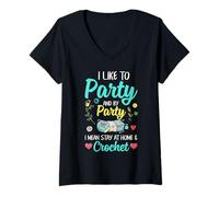 Mujer Quédate en casa Crochet Party Funny Crochet Lover Camiseta Cuello V