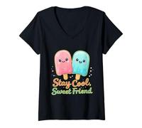 Mujer Quédate Fresco Dulce Amigo Linda Paleta de Dibujos Animados Cita de Verano Camiseta Cuello V