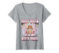 Mujer Queef Queen Hear My Kitty Purr Royal Cat Rainbow Camiseta Cuello V