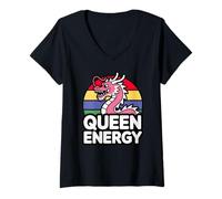 Mujer Queen Energy Pink Dragon Pride Kawaii Japonés Retro Camiseta Cuello V