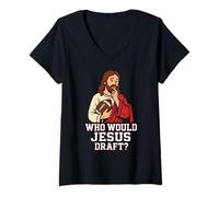 Mujer ¿Quién haría Jesús Draft Funny Fantasy Football DFS League Joke Camiseta Cuello V