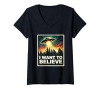 Mujer Quiero Creer en Cosmic Mystery UFO Craft Aliens Visitor Camiseta Cuello V