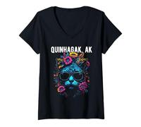 Mujer Quinhagak - Gato de Alaska con Gafas de Sol y diseño de Flores Camiseta Cuello V