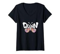 Mujer Quinn Butterfly - Arte de Palabras con Nombre Personalizado Camiseta Cuello V