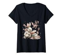 Mujer Rabbit Reading Books For Bunny Mom Cherry Blossom Flowers Camiseta Cuello V