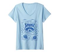 Mujer Raccoon Bath Water Swimming Ripples Cute Raccoon Face Camiseta Cuello V