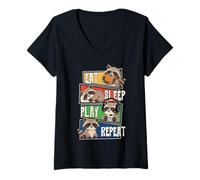 Mujer Raccoon Gamer Gaming Eat Sleep Play Repeat para niños Camiseta Cuello V