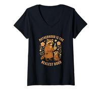 Mujer Raccoon Motherhood is The Realest Hood Día de la Madre Mamá Vida Camiseta Cuello V