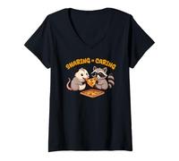 Mujer Raccoon Sharing is Caring Zarigüeya Pizza Niños Niñas Niños Camiseta Cuello V