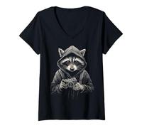 Mujer Raccoon Wildlife Trash Panda Forest Cámara Fotógrafo Camiseta Cuello V