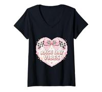 Mujer Race Day Vibes - Arco de Coqueta a Cuadros para Mujer y niña Camiseta Cuello V