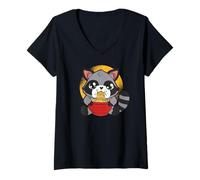 Mujer Racoon Eating Ramen Fideos Kawaii Lindo Divertido Camiseta Cuello V