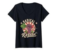 Mujer Radical Rábano Divertido Vegano Retro Vegetariano a Base de Plantas Camiseta Cuello V