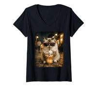 Mujer Ragdoll Gato Bebiendo Café Helado Animal Divertido Camiseta Cuello V
