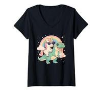 Mujer Rainbow Cute Unicorn Riding T-rex Dinosaur Men Women Kids Camiseta Cuello V