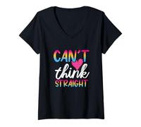 Mujer Rainbow Flag Can't Think Straight Pink Heart LGBTQ Camiseta Cuello V