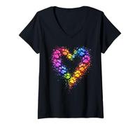 Mujer Rainbow Paw Heart Colorful Dog & Cat Lover Pet Art Camiseta Cuello V
