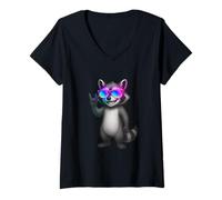 Mujer Rainbow Shades Raccoon Rock Hand Cartoon Spotlight Vibes Art Camiseta Cuello V
