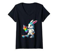 Mujer Rainbow Spray Bunny Street Art Vibes de Pascua Camiseta Cuello V