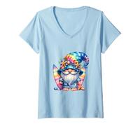 Mujer Rainbow Summer GNOME Graphic For Surfer Funny Beach Surfing Camiseta Cuello V