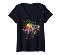Mujer Rainbow T Rex French Bulldog Dinosaur Camiseta Cuello V