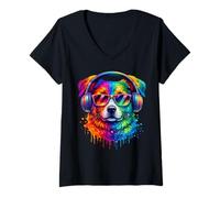 Mujer Rainbow Wolf Realistic Watercolor Cute Wolf Paint Colorful Camiseta Cuello V