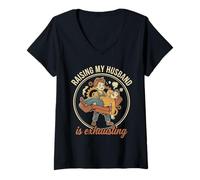 Mujer Raising My Husband Is Exhausting Funny Wife Retro Camiseta Cuello V