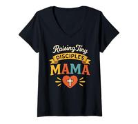 Mujer Raising Tiny Disciples Mama Christian Mom Faith Diseño Retro Camiseta Cuello V