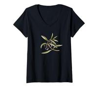 Mujer Rama de Olivo Negro Camiseta Cuello V