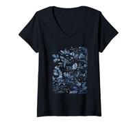 Mujer Ramas florales azules con hojas y bayas Camiseta Cuello V
