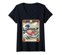 Mujer Ramen Bowl Surfeando la Gran Ola Fuera de Kanagawa Tarot Card Camiseta Cuello V