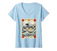Mujer Ramen Bowl Surfing Tarot Card La Gran Ola Fuera de Kanagawa Camiseta Cuello V