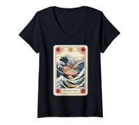 Mujer Ramen Bowl Surfing Tarot Card La Gran Ola Fuera de Kanagawa Camiseta Cuello V
