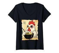 Mujer Ramen de Pollo japonés Kawaii Anime Gallo Camiseta Cuello V