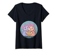 Mujer Ramen Gato Enamorado Linda Pareja de Gatos Gatos románticos Camiseta Cuello V