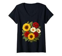 Mujer Ramo de Dalia y Cosmos de Girasol rústico de Verano Camiseta Cuello V