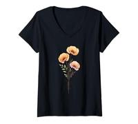 Mujer Ramo de Flores de Amapola de California con diseño botánico Camiseta Cuello V