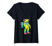 Mujer Rana astronauta colorida estilo dibujo animado Camiseta Cuello V