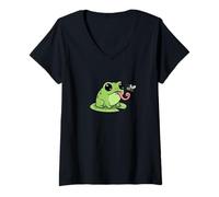 Mujer Rana atrapando una Mosca, gráfico Simple del Amante de Las Ranas Camiseta Cuello V