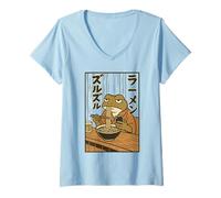 Mujer Rana Comiendo Ramen Sopa de Fideos japoneses Retro Manga Arte Camiseta Cuello V