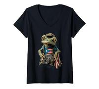 Mujer Rana Coqui puertorriqueña con Bandera y cámara Taino Boricua Camiseta Cuello V