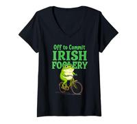 Mujer Rana Divertida del día de San Patricio Montando un Meme de Argot irlandés en Bicicleta Camiseta Cuello V