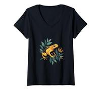 Mujer Rana dorada en la rama floreciente anfibios Naturaleza Arte Camiseta Cuello V