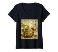 Mujer Rana Japonesa Matcha Tea Time Té Verde Ukiyo-e Cottagecore Camiseta Cuello V