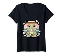Mujer Rana Kawaii Beber Boba Tea Perlas Tapioca Retro Camiseta Cuello V
