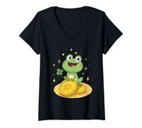 Mujer Rana linda con trébol de cuatro hojas, rana de la suerte, equipo de buena fortuna Camiseta Cuello V