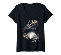 Mujer Rana rústica sosteniendo Luna Llena luz de Luna estética Animal Arte Camiseta Cuello V